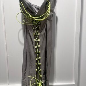 Fashion Nova Strapless Dress in Gray with Bright Green Lacing